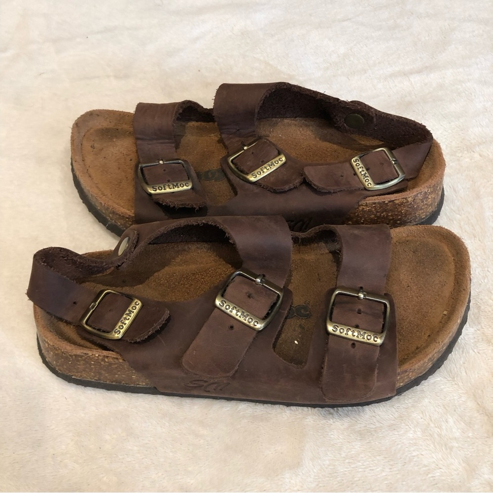 Brown women’s soft moc sandals size 6 3 adjustable straps